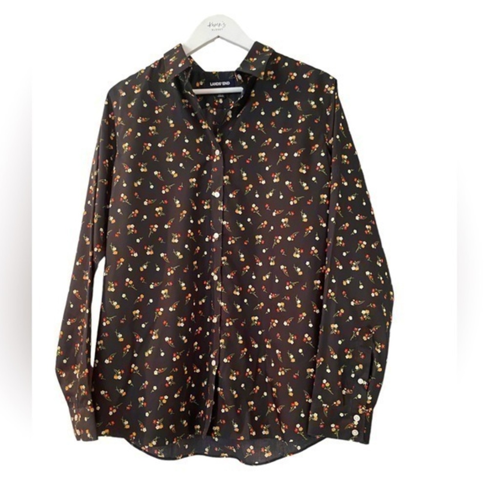 Lands End Floral Bunch Print Button Down Blouse Coastal Grandma Casual Size 16T